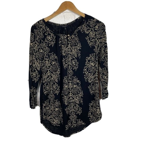 Lucky Brand Black Tan Boho Print Keyhole Front Top - Picture 1 of 12